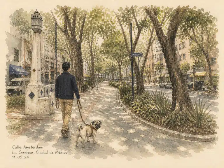 Gordo the Pug on a walk on Calle Amsterdam