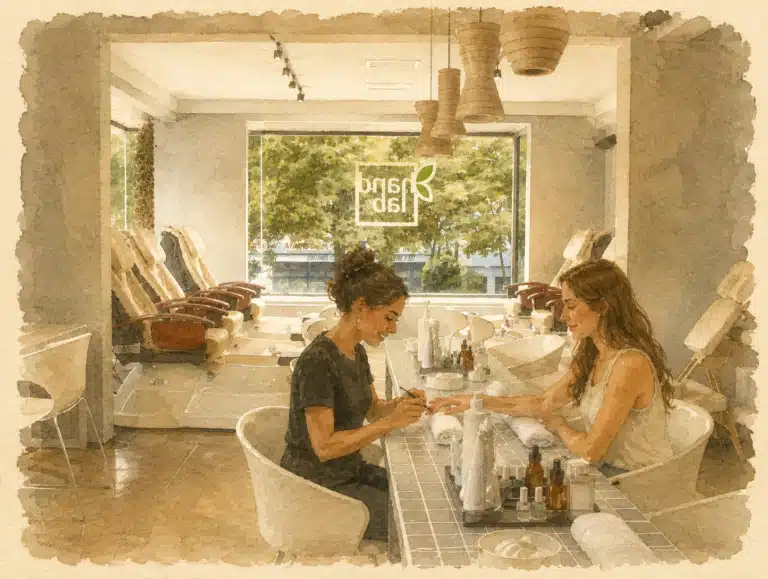 Interior of Hand Lab Polanco location, with woman receiving a manicure
