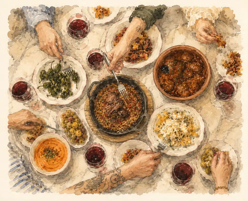 Crowded table at La Cocina del Bizco - illustration